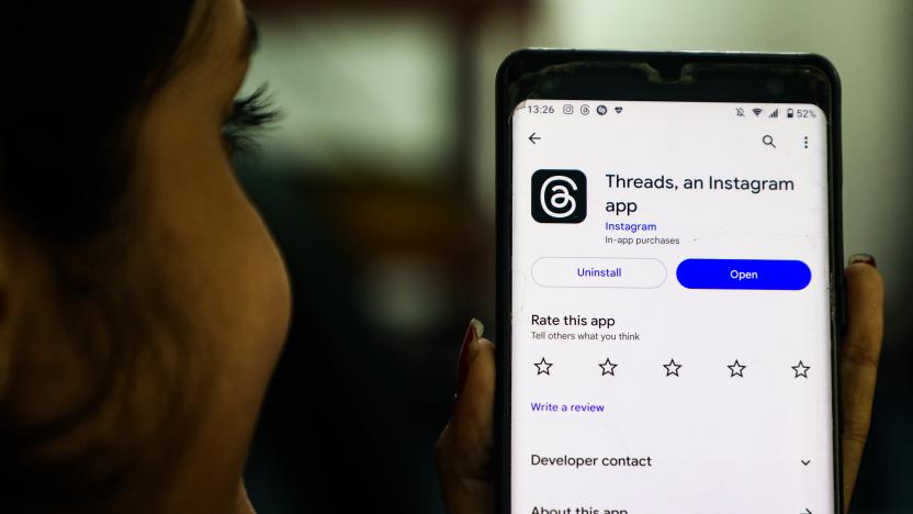 A girl looks at a Threads app at the Play Store on July 7, 2023, in Colombo, Sri Lanka. (Photo by Thilina Kaluthotage/NurPhoto via Getty Images)