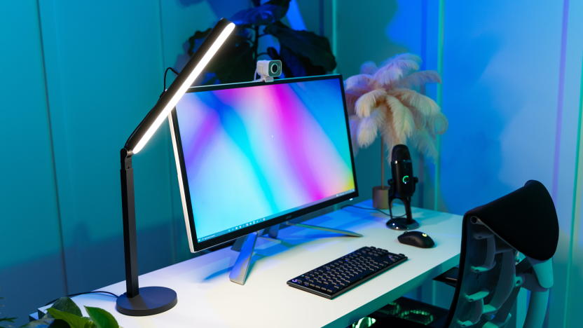 Logitech Litra Beam key light on a desktop next to a computer