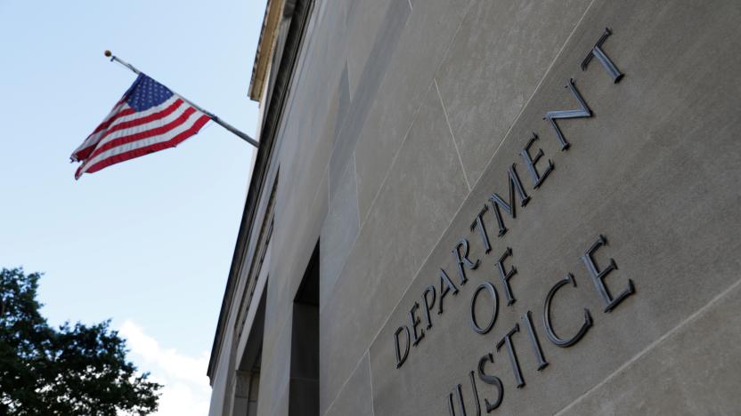 Signage is seen at the United States Department of Justice headquarters in Washington, D.C., U.S., August 29, 2020. REUTERS/Andrew Kelly