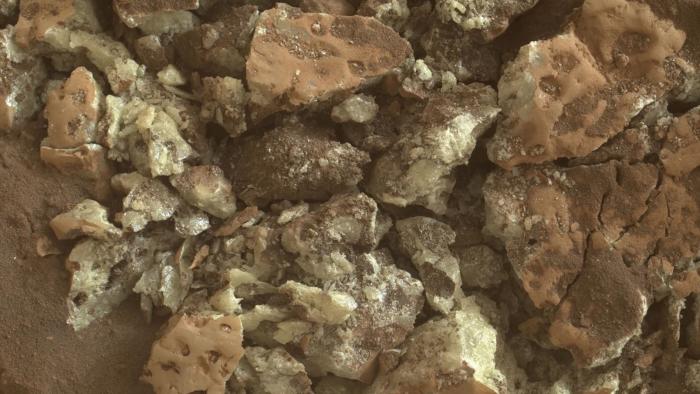 A closeup image of sulfur crystals observed by the Curiosity rover on Mars