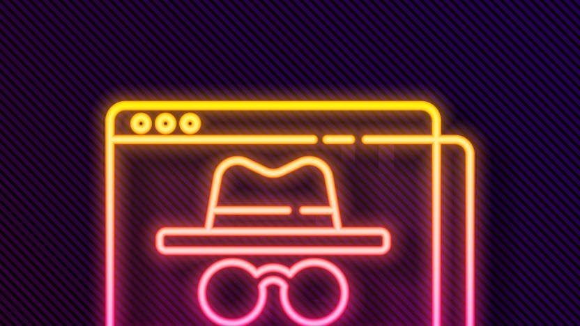 Glowing neon line Browser incognito window icon isolated on black background. Vector.