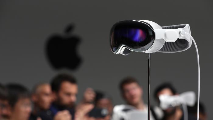 CUPERTINO, CALIFORNIA - JUNE 05: The new Apple Vision Pro headset is displayed during the Apple Worldwide Developers Conference on June 05, 2023 in Cupertino, California. Apple CEO Tim Cook kicked off the annual WWDC23 developer conference with the announcement of the new Apple Vision Pro mixed reality headset. (Photo by Justin Sullivan/Getty Images)