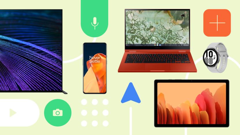 A banner showing a Chromebook, Android phone, smartwatch, tablet and part of a TV, surrounded by Google-style illustrations of icons for microphone, camera and GPS.