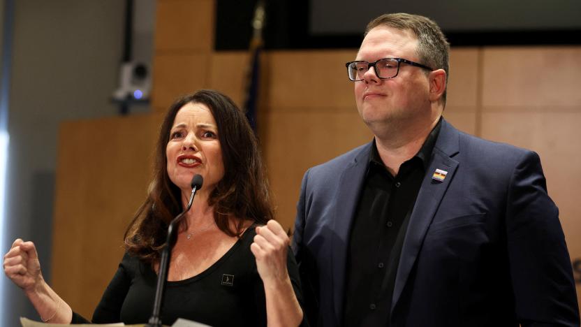 SAG-AFTRA union President Fran Drescher speaks to the media, next to SAG-AFTRA chief negotiator Duncan Crabtree-Ireland, after SAG-AFTRA TV/Theatrical Committee approved a tentative agreement with the Alliance of Motion Picture and Television Producers (AMPTP) to bring an end to the actors strike, in Los Angeles, California, U.S., November 10, 2023. REUTERS/Mike Blake