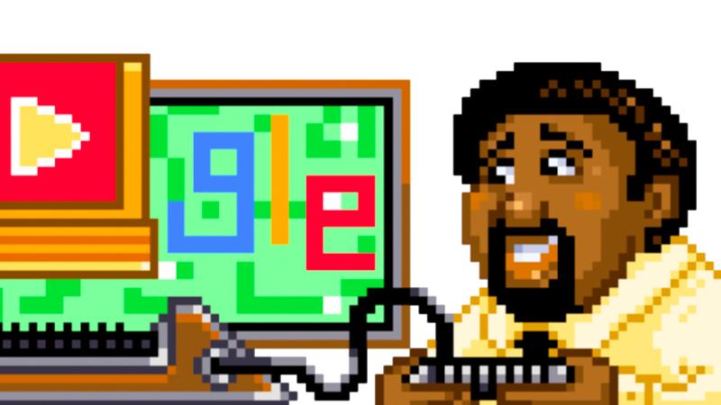 A screenshot of the Jerry Lawson Google Doogle showing a pixelated Lawson playing a retro game console.