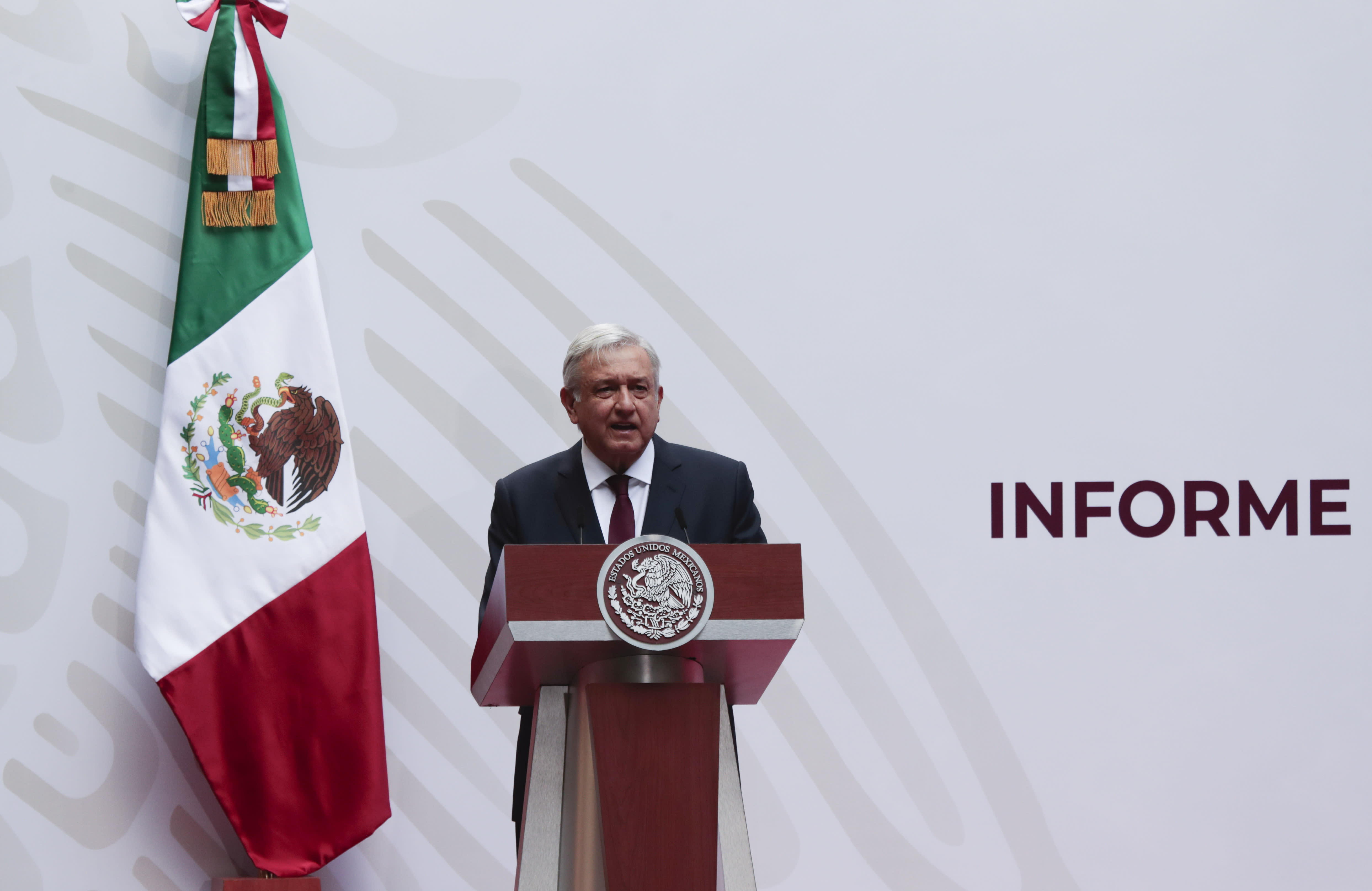 Mexican President Andres Manuel Lopez Obrador speaks at the National Palace in Mexico City, Sunday, April 5, 2020. López Obrador spoke to the nation about his economic recovery plan. The President, however, has labeled the situation a "transitory crisis" and says things will be good again soon. Mexico's government has broadened its shutdown of "non essential activities," and prohibited gatherings of more than 50 people as a way to help slow down the spread of COVID-19. (AP Photo / Eduardo Verdugo)