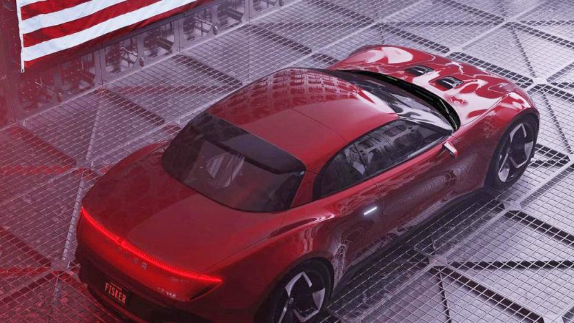 Fisker shows off its 600-mile range Ronin EV in red seen from above.