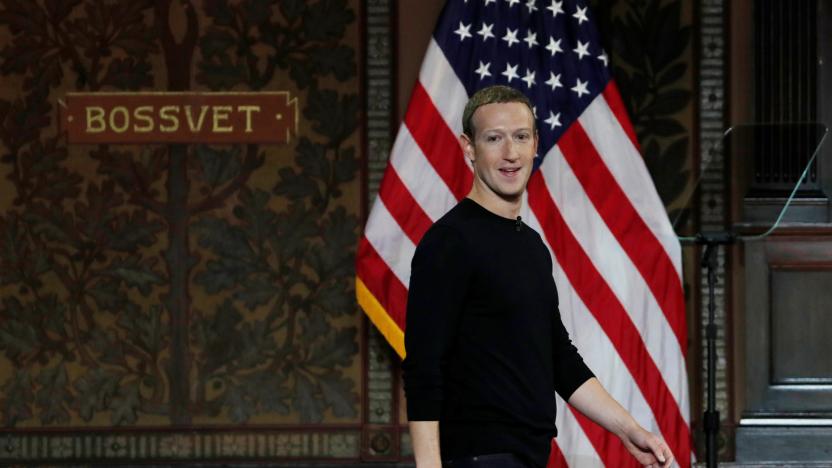 Facebook Chairman and CEO Mark Zuckerberg arrives to address the audience on "the challenges of protecting free speech while combating hate speech online, fighting misinformation, and political data privacy and security," at a forum hosted by Georgetown University's Institute of Politics and Public Service (GU Politics) and the McCourt School of Public Policy in Washington, U.S., October 17, 2019. REUTERS/Carlos Jasso