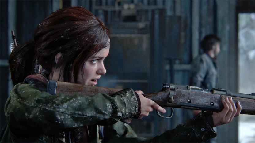 A still image from 'The Last of Us Part I' for PS5 video game showing a young woman aiming a rifle at something outside of our view.