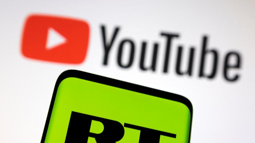 Russia Today (RT) logo is seen on a smartphone in front of displayed Youtube logo in this illustration picture taken February 26, 2022. REUTERS/Dado Ruvic/Illustration