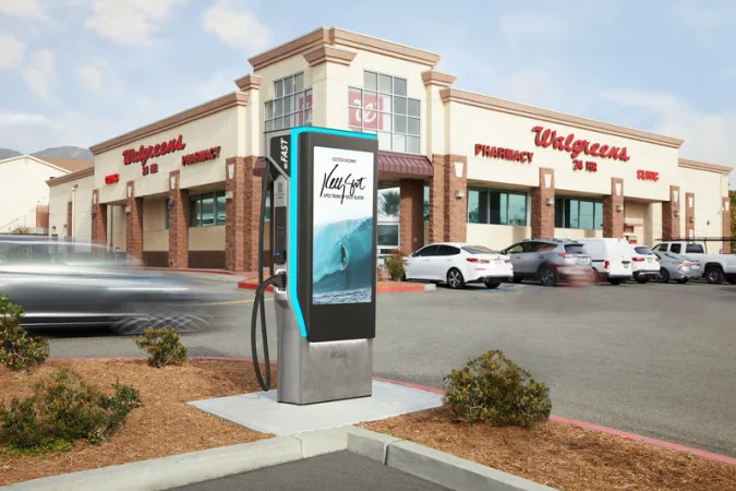 A Volta EV charging station outside a Walgreens store.
