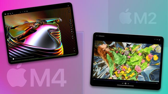 Colorful graphic showing two iPads in front of a gradient background. Faded "M4" (left) and "M2" (right) overlaid.