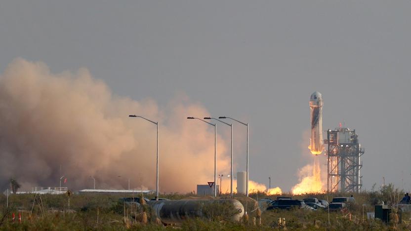 VAN HORN, TEXAS - JULY 20:  The New Shepard Blue Origin rocket lifts-off from the launch pad carrying Jeff Bezos along with his brother Mark Bezos, 18-year-old Oliver Daemen, and 82-year-old Wally Funk prepare to launch on July 20, 2021 in Van Horn, Texas. Mr. Bezos and the crew are riding in the first human spaceflight for the company.   (Photo by Joe Raedle/Getty Images)