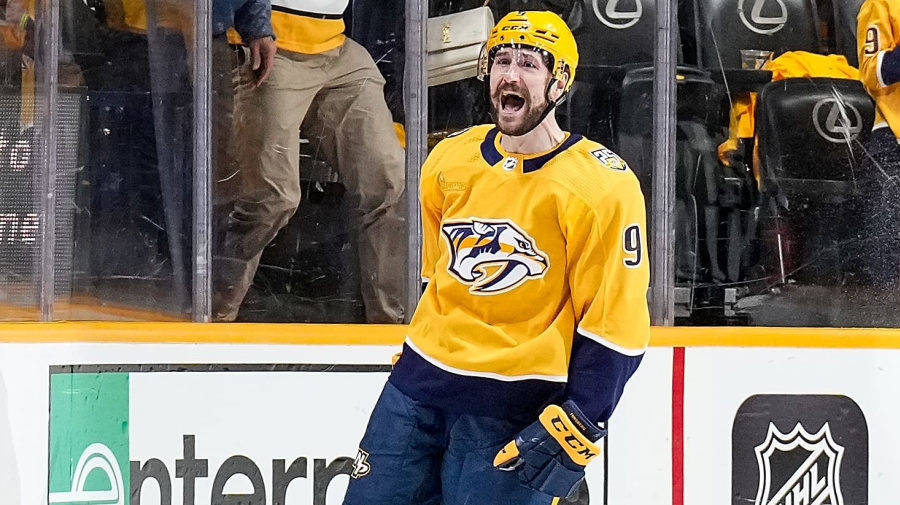 Getty Images - NASHVILLE, TENNESSEE - MARCH 23: Filip Forsberg #9  of the Nashville Predators celebrates his goal against the Detroit Red Wings during an NHL game at Bridgestone Arena on March 23, 2024 in Nashville, Tennessee. (Photo by John Russell/NHLI via Getty Images)