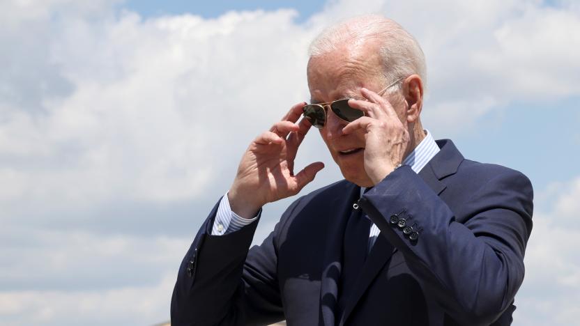 U.S. President Joe Biden takes off his sunglasses to speak to media ahead of his departure from Washington for travel to Cleveland, Ohio at Joint Base Andrews, Maryland, U.S., May 27, 2021. REUTERS/Evelyn Hockstein