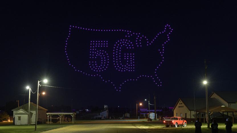 T-Mobile used 300 drones to light up the sky over Lisbon, N.D., celebrating the expansion of its 5G network to hundreds of small towns across America on Sunday Aug. 02 in Lisbon, N.D. (Dan Koeck/AP Images for T-Mobile)