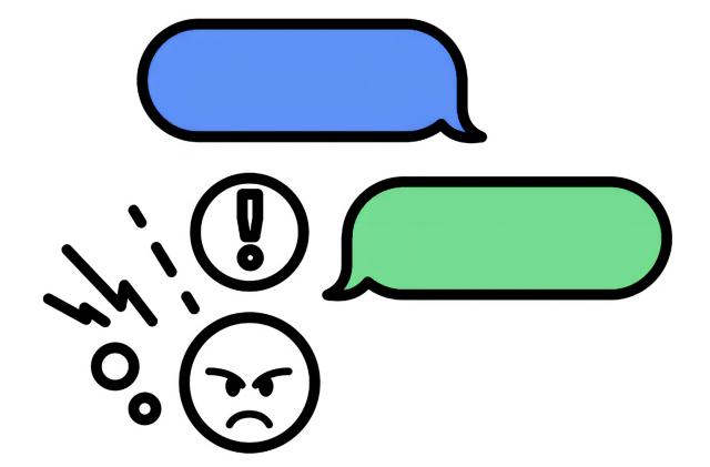 An illustration of a blue message bubble followed by a green message bubble, with a frustrated-looking emoji at the bottom.