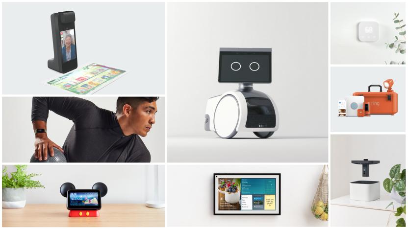 Amazon Devices and Services Fall 2021: A grid of thumbnails showing (clockwise from top left): the Amazon Glow, Astro robot, Smart Thermostat, Blink cameras, Ring security drone, Echo Show 15, Echo Show in a Mickey Mouse holder and Halo View band.