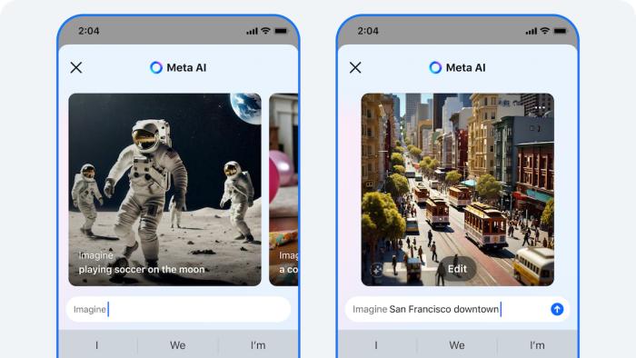 Two phones showing the imagine feature on Meta AI.