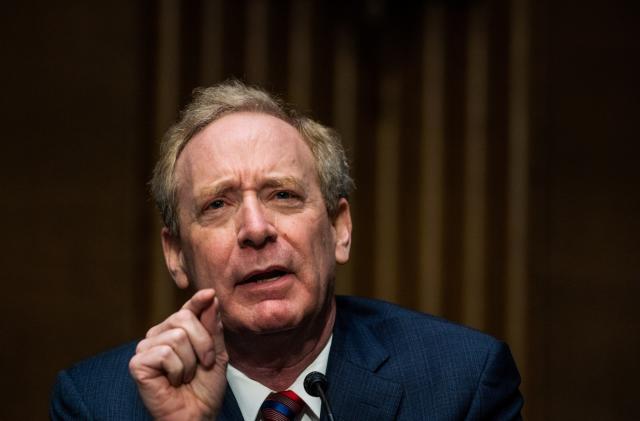 Microsoft President Brad Smith speaks during the Senate Intelligence Committee hearing on Capitol Hill in Washington, U.S., February 23, 2021. Demetrius Freeman/Pool via REUTERS