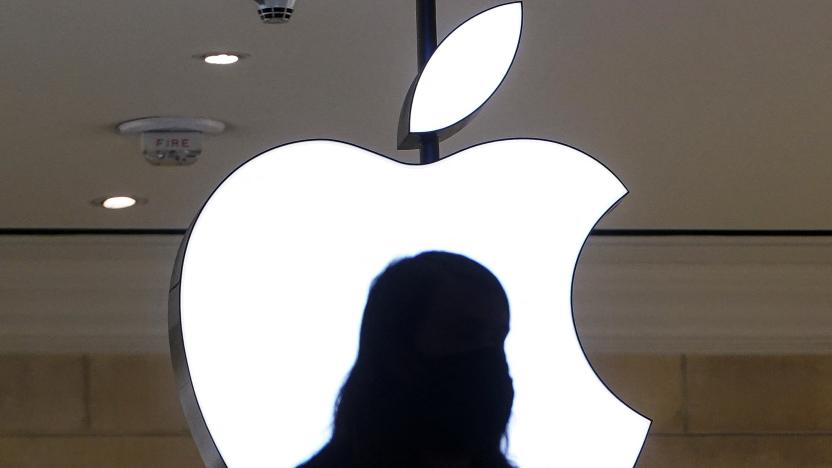 A person is silhouetted against a logo sign of the Apple Store in the Grand Central Terminal in the Manhattan borough of New York City, New York, U.S., January 4, 2022.  REUTERS/Carlo Allegri