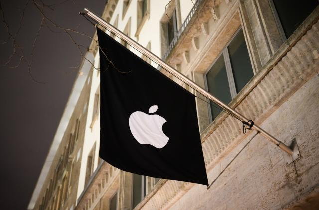 19 December 2023, Lower Saxony, Hanover: A flag hangs in front of the Apple Store in the city. Photo: Julian Stratenschulte/dpa (Photo by Julian Stratenschulte/picture alliance via Getty Images)