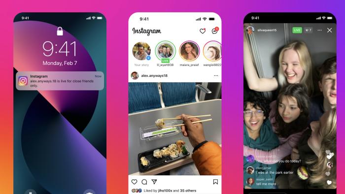 Instagram screenshots showing the Instagram Live for Close Friends feature.