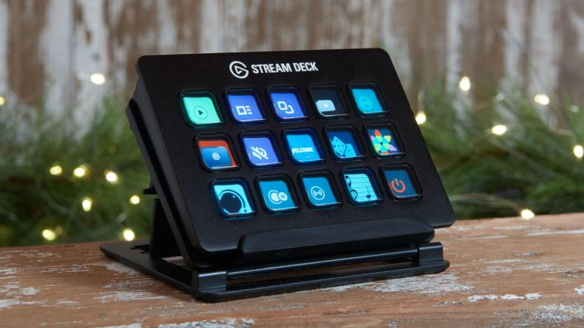 An image of the Stream Deck on a wood table. 