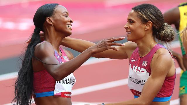Sydney McLaughlin and Dalilah Muhammad react to intense 400-meter hurdles finish
