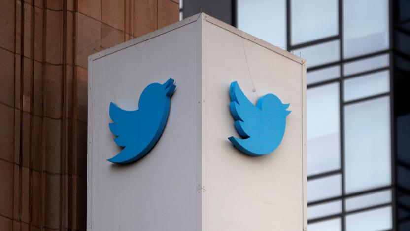 A Twitter logo is seen outside the company headquarters, during a purported demonstration by supporters of U.S. President Donald Trump to protest the social media company's permanent suspension of the President's Twitter account, in San Francisco, California, U.S., January 11, 2021. REUTERS/Stephen Lam