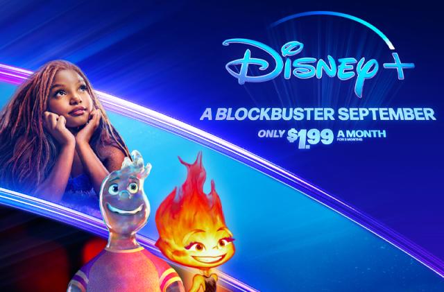 A promotional photo for Disney+ that says "A Blockbuster September" and "only $1.99 a month."