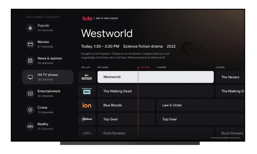 A channel guide (similar to the TV Guide channel) on Google TV, with categories on the left and content on the right. "Westworld" is highlighted.