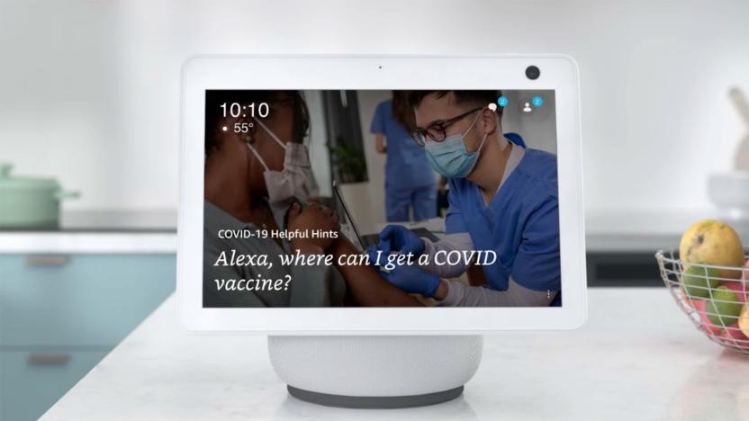 Amazon Echo Show 10 answering Alexa question about COVID-19 vaccine
