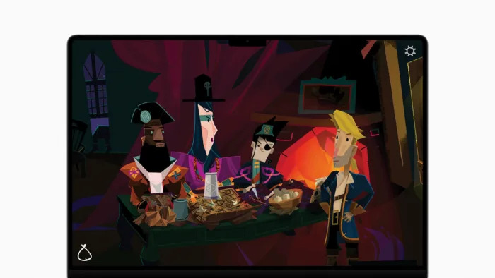 A Macbook screen showing computer animated images of cartoon pirates.