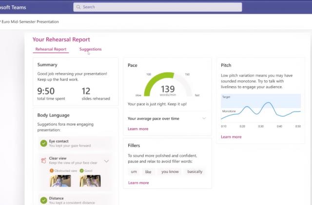 Screenshot of Microsoft Teams giving a student detailed (AI-powered) feedback on their presentation rehearsal. It says the presentation lasted 9:50 with 12 slides at a rate of 139 words per minute.