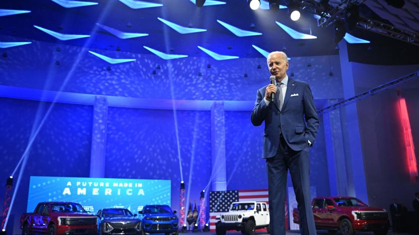 US President Joe Biden speaks at the 2022 North American International Auto Show in Detroit, Michigan, on September 14, 2022. - Biden is visiting the auto show to highlight electric vehicle manufacturing. (Photo by MANDEL NGAN / AFP) (Photo by MANDEL NGAN/AFP via Getty Images)