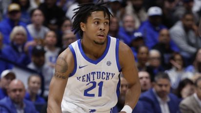 Getty Images - NASHVILLE, TN - MARCH 15: Kentucky Wildcats guard D.J. Wagner (21) makes a move during a quarterfinal round game of the men's Southeastern Conference Tournament between the Kentucky Wildcats and Texas A&M Aggies, March 15, 2024, at Bridgestone Arena in Nashville, Tennessee. (Photo by Matthew Maxey/Icon Sportswire via Getty Images)