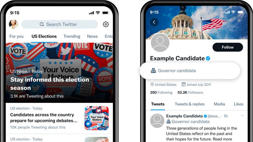 Twitter 2022 US midterm elections hub and candidate labels