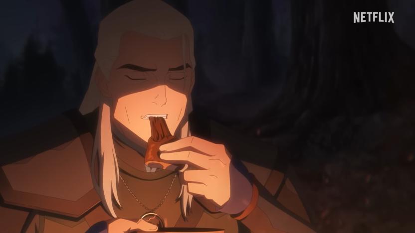 Geralt of Rivia (animated) bites into a piece of meat. Dimly-lit campfire setting, closeup.