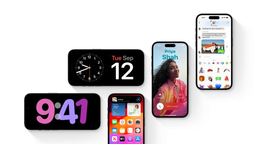 Apple marketing collage featuring several iPhones with various images on the screen. They include the time, date / clock, home screen, Contact Posters and Messages.
