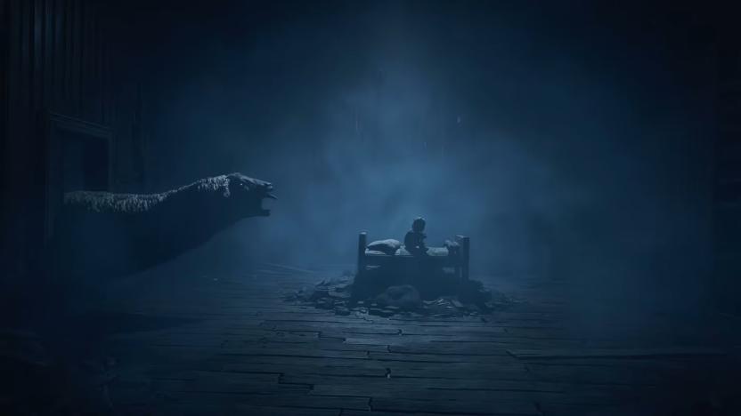 Still from the Reanimal trailer. Shadowy environment. A child sits fearfully on a bed as a strange gila monster-style creature approaches from behind.