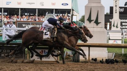 Associated Press - Sierra Leone, with jockey Tyler Gaffalione, (2), Forever Young, with jockey Ryusei Sakai, and Mystik, with jockey Dan Brian Hernandez Jr., cross finish line at Churchill Downs before the 150th running of the Kentucky Derby horse race Saturday, May 4, 2024, in Louisville, Ky. (AP Photo/Kiichiro Sato)