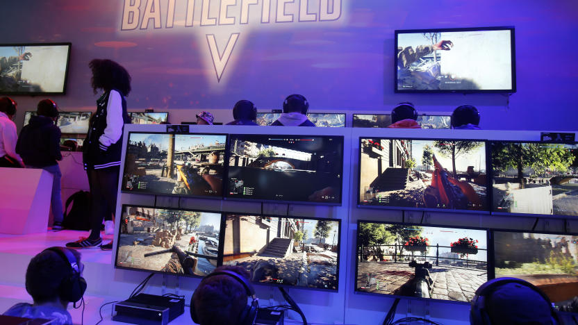 PARIS, FRANCE - OCTOBER 27:  Gamers play the video game "Battlefield V" developed by DICE and published by Electronic Arts (EA) during the 'Paris Games Week' on October 27, 2018 in Paris, France. 'Paris Games Week' is an international trade fair for video games and runs from October 26 to 31, 2018.  (Photo by Chesnot/Getty Images)