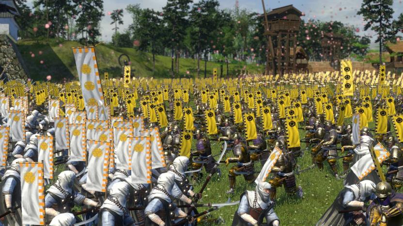 Two opposing armies clash in Total War: Shogun 2.  