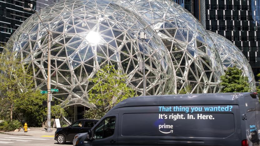 Seattle, USA - May 8, 2023: Late in the day an Amazon prime delivery truck passing by the Amazon HQ.