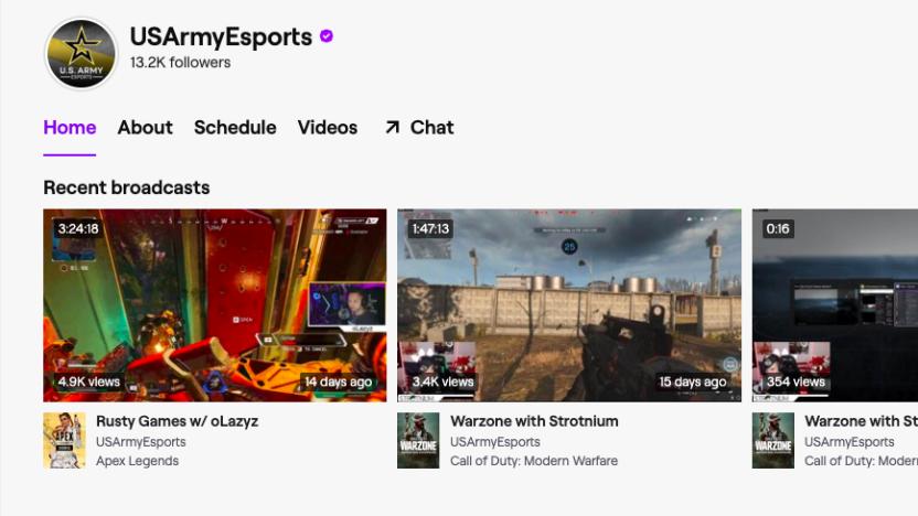 A screenshot of the US Army's Twitch page.