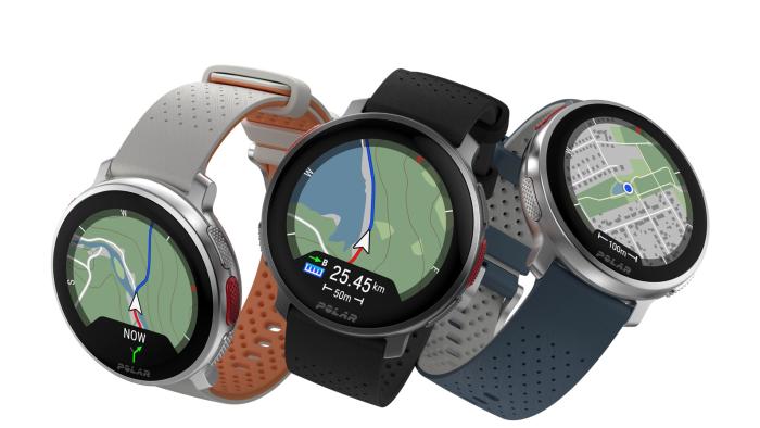 A trio of Polar V3 smartwatches are clustered together and shown against a white background in this press photo.