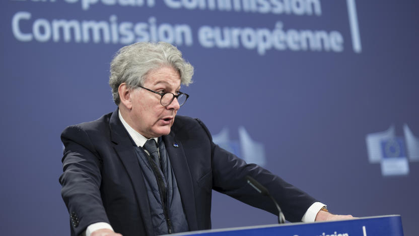 BRUSSELS, BELGIUM - APRIL 30: EU Commissioner for Internal Market Thierry Breton is talking to media in the Berlaymont, the EU Commission headquarter on April 30, 2024 in Brussels, Belgium. European Union Commission hosted the second EU-Japan Digital Partnership Council. (Photo by Thierry Monasse/Getty Images)