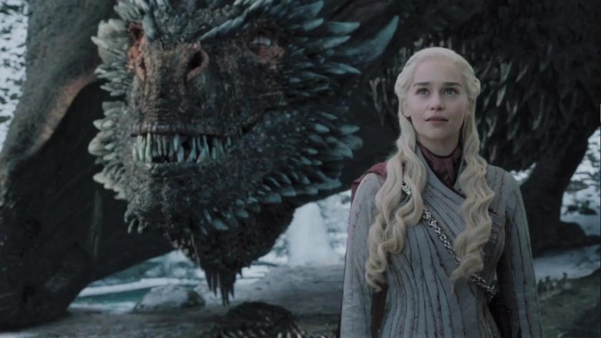 Screencap from season eight of Game of Thrones showing Daenerys Targaryen and one of her dragons. 
