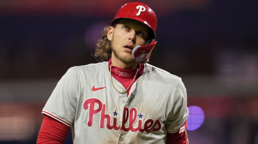 Getty Images - CINCINNATI, OHIO - APRIL 23: Alec Bohm #28 of the Philadelphia Phillies reacts after a pitch during the sixth inning of a baseball game against the Cincinnati Reds at Great American Ball Park on April 23, 2024 in Cincinnati, Ohio. (Photo by Jeff Dean/Getty Images)